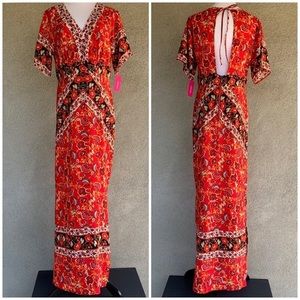 Long Floral Summer Maxi Dress Red Boho Small